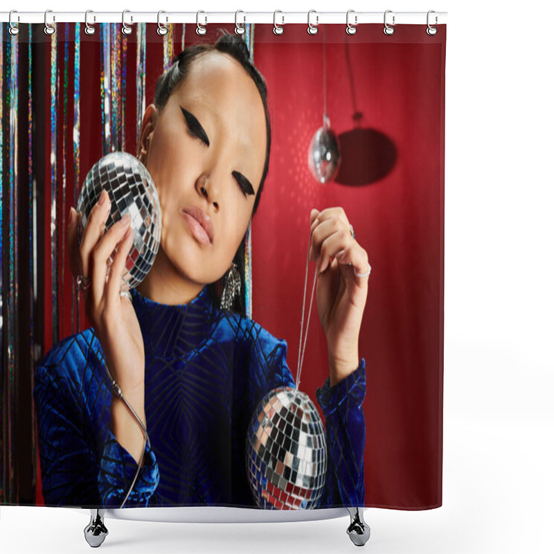 Personality  An Enchanting Asian Woman Poses With Disco Balls, Showcasing Beauty Against A Lively Backdrop. Shower Curtains