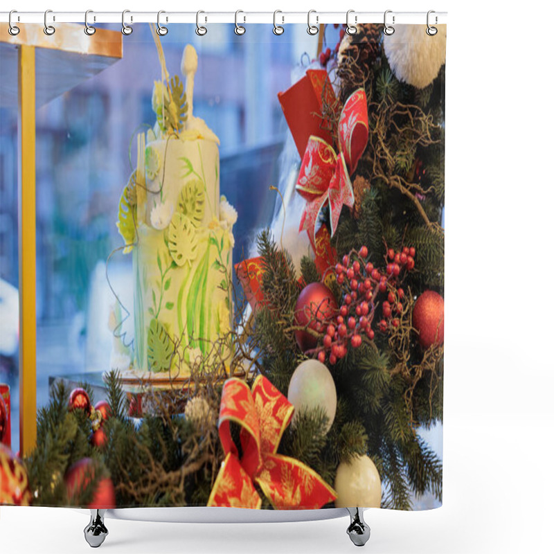 Personality  Decorated Christmas Tree, Real Nordmann Fir In Front Of Blurred Window. Christmas And New Year Decor Shower Curtains