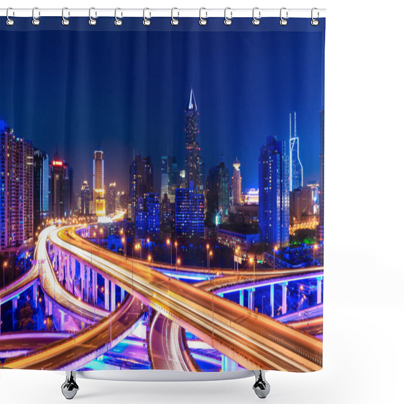 Personality  Modern City Skyline With Interchange Overpass At Night Shower Curtains