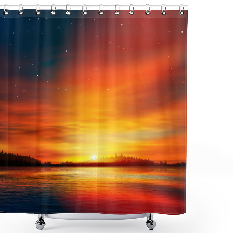 Personality  Abstract Nature Background With Forest Lake And Sunset Shower Curtains