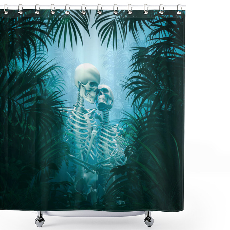 Personality  Gothic Garden Of Eden - 3D Illustration Of Embracing Male And Female Skeleton Lovers Surrounded By Lush Tropical Jungle Shower Curtains