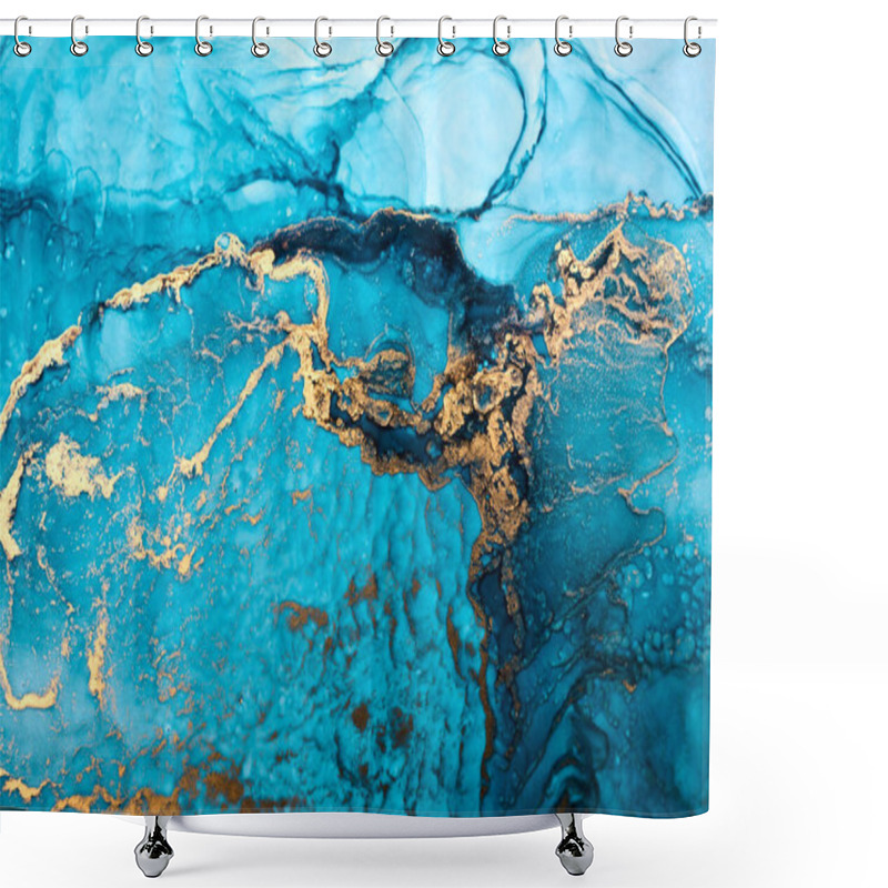 Personality  Luxury Emerald Abstract Background In Alcohol Ink Technique, Aquamarine Gold Liquid Painting, Scattered Acrylic Blobs And Swirling Stains, Blue Green Printed Materials Shower Curtains