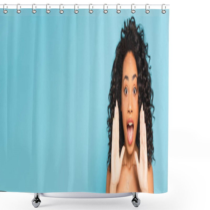 Personality  Horizontal Image Of Emotional African American Girl Screaming Isolated On Blue Shower Curtains