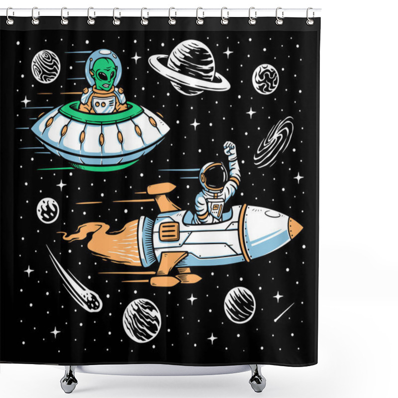 Personality  Astronaut And Alien Race Illustration Shower Curtains