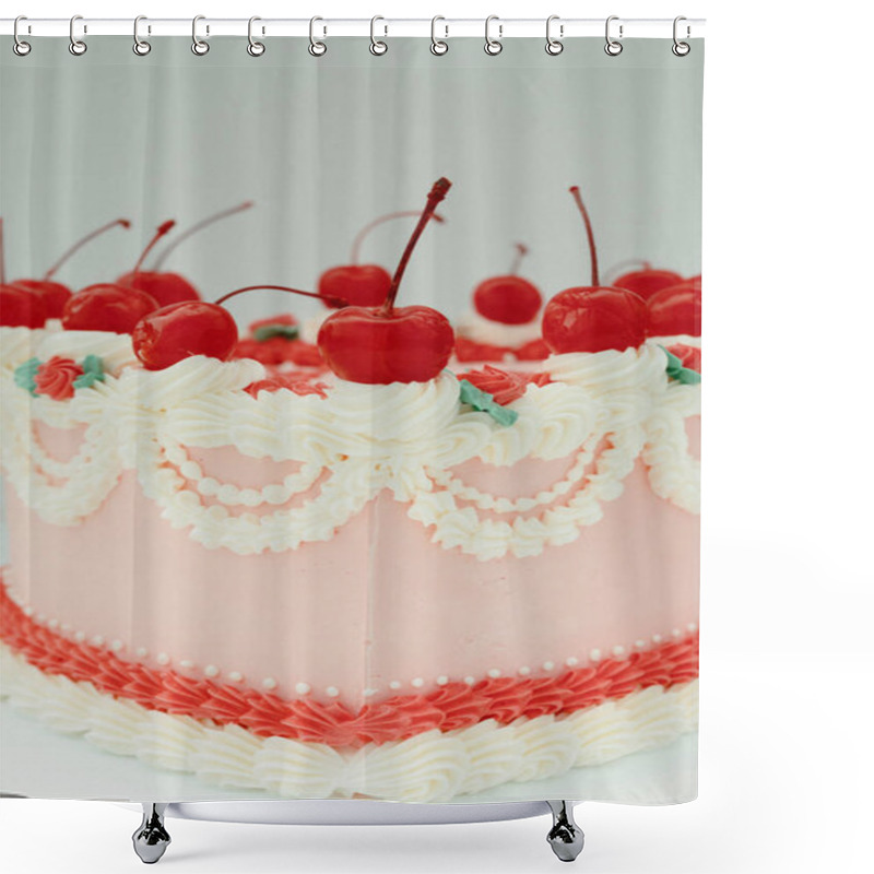 Personality  Close-up Of A Pink Cake Decorated With Cherries Shower Curtains