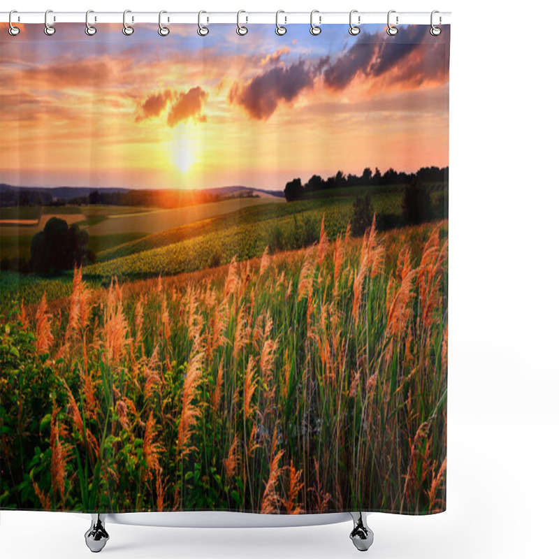 Personality  The Setting Sun Paints The Sky And Vegetation Red Shower Curtains