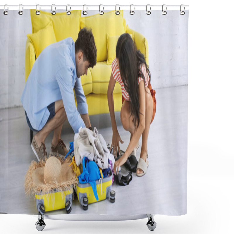 Personality  Man And Woman Packing Yellow Suitcase In Living Room Shower Curtains