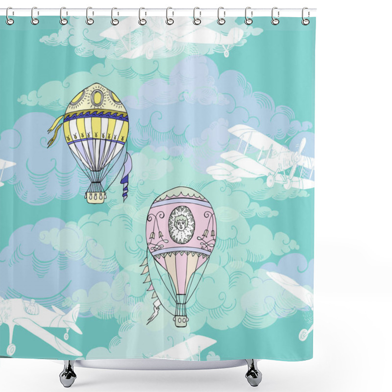 Personality  Seamless Pattern With Clouds, Hot Air Balloons And Airplanes Shower Curtains