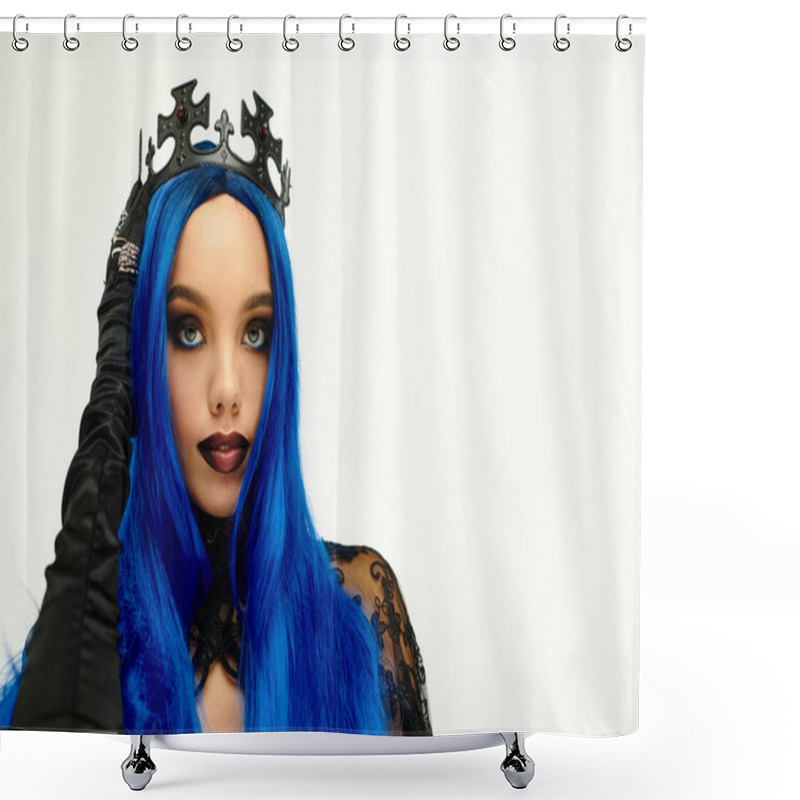 Personality  Dressed In A Dramatic Halloween Outfit, A Young Woman Showcases Her Vibrant Blue Hair And Crown. Shower Curtains