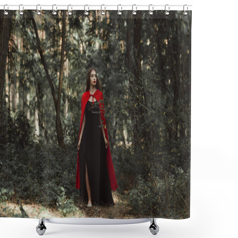 Personality  Mystic Girl In Black Dress And Red Cloak Walking In Forest Shower Curtains