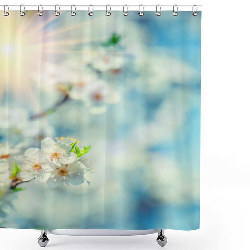 Personality  Blossoming Flovers Of Cherry Tree On Blurred Background Of Leave Shower Curtains