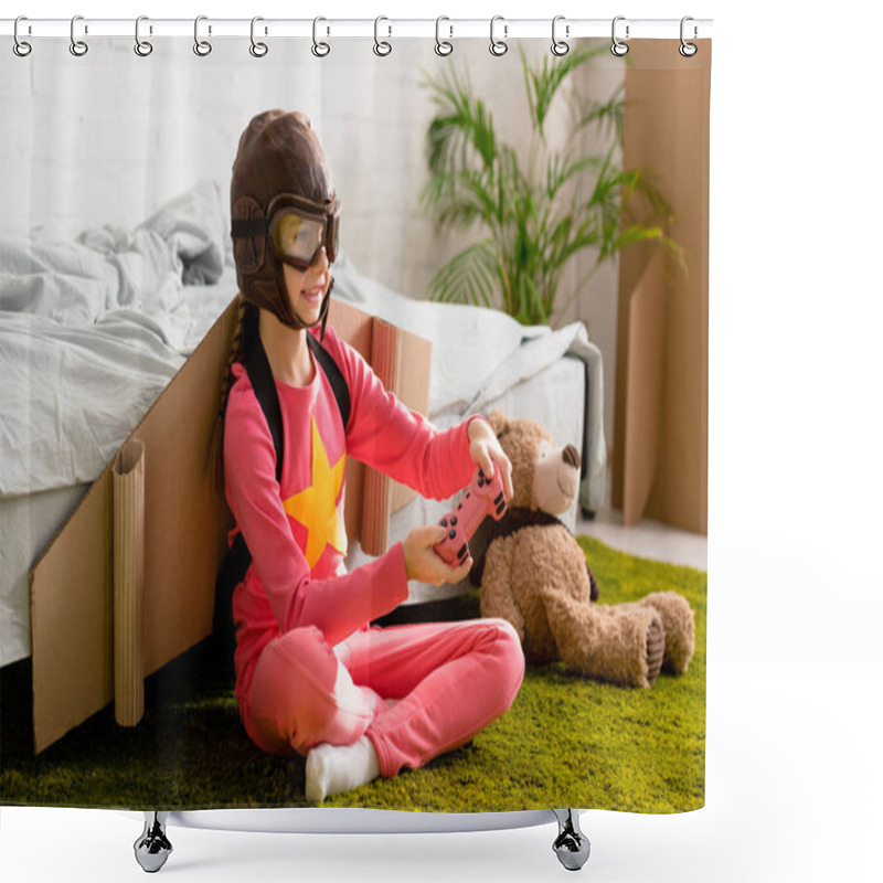 Personality  Smiling Child With Gamepad Sitting On Carpet In Bedroom Shower Curtains