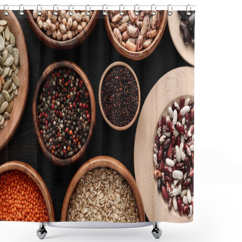 Personality  Top View Of Diverse Wooden Bowls With Uncooked Legumes And Cereals On Dark Surface Shower Curtains