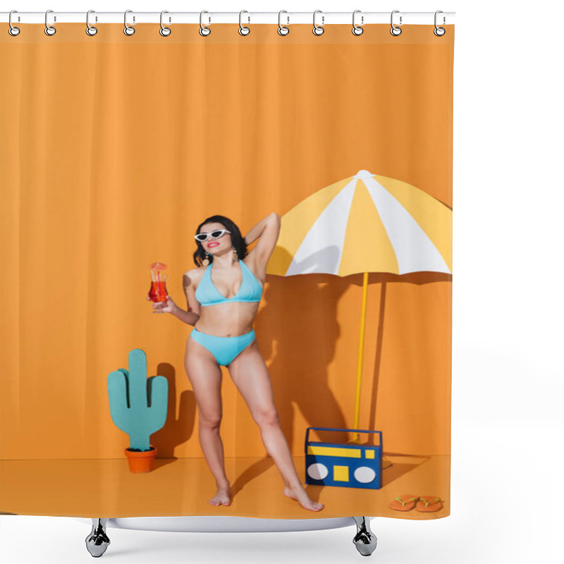 Personality  Happy Woman In Swimwear And Sunglasses Holding Cocktail Near Paper Umbrella, Boombox And Cactus On Orange Shower Curtains