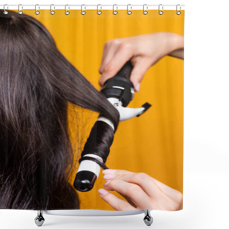 Personality  Cropped View Of Hairdresser Using Curling Iron Isolated On Yellow Shower Curtains