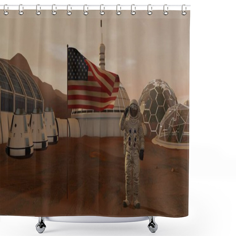 Personality  3D Rendering. Colony On Mars. Astronaut Saluting The American Flag. Exploring Mission To Mars. Futuristic Colonization And Space Exploration Concept. Shower Curtains