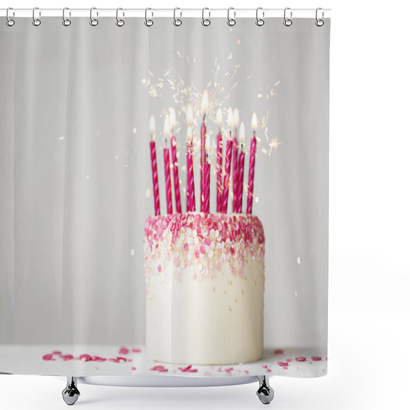 Personality  Pink Celebration Birthday Cake With Pink Sprinkles, Pink Birthday Candles And Sparklers Shower Curtains