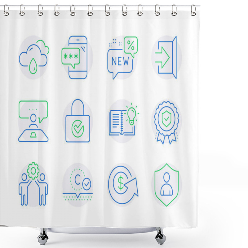 Personality  Business Icons Set. Included Icon As Dollar Exchange, Product Knowledge, Rainy Weather Signs. Collagen Skin, Employees Teamwork, Interview Job Symbols. Password Encryption, Exit, New. Vector Shower Curtains