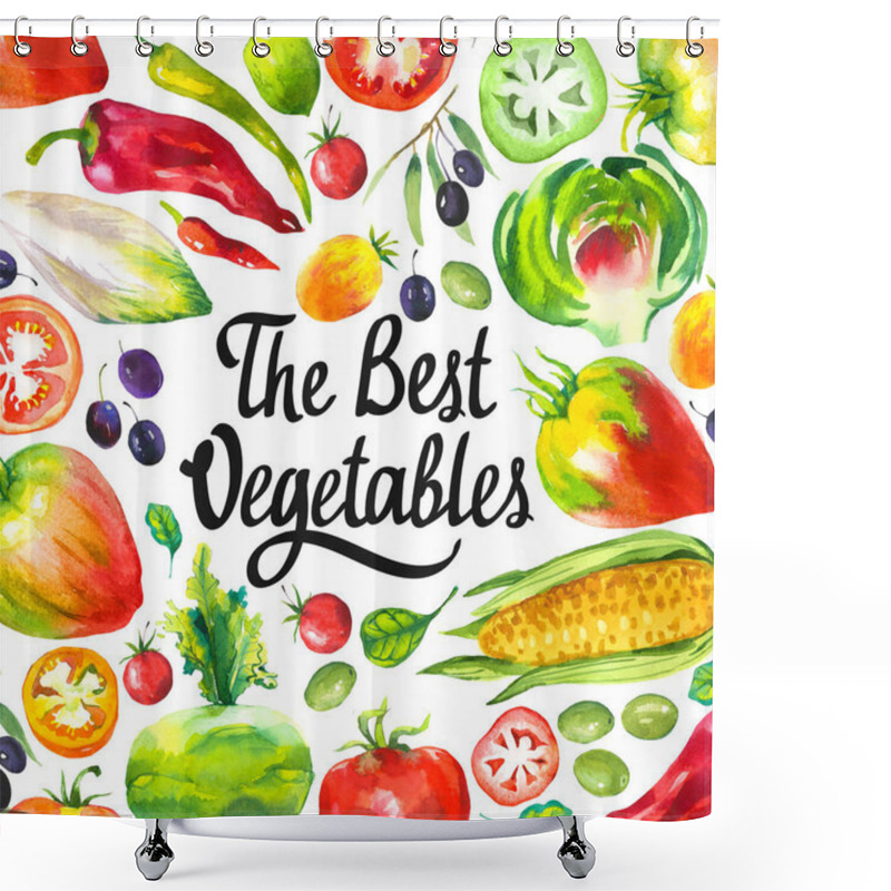 Personality  Watercolor Illustration With Round Composition Of Farm Products. Vegetables Set: Artichokes, Tomato, Olives, Cauliflower, Chicory, Corn, Tomato, Spinach, Peppers. Fresh Organic Food. Shower Curtains