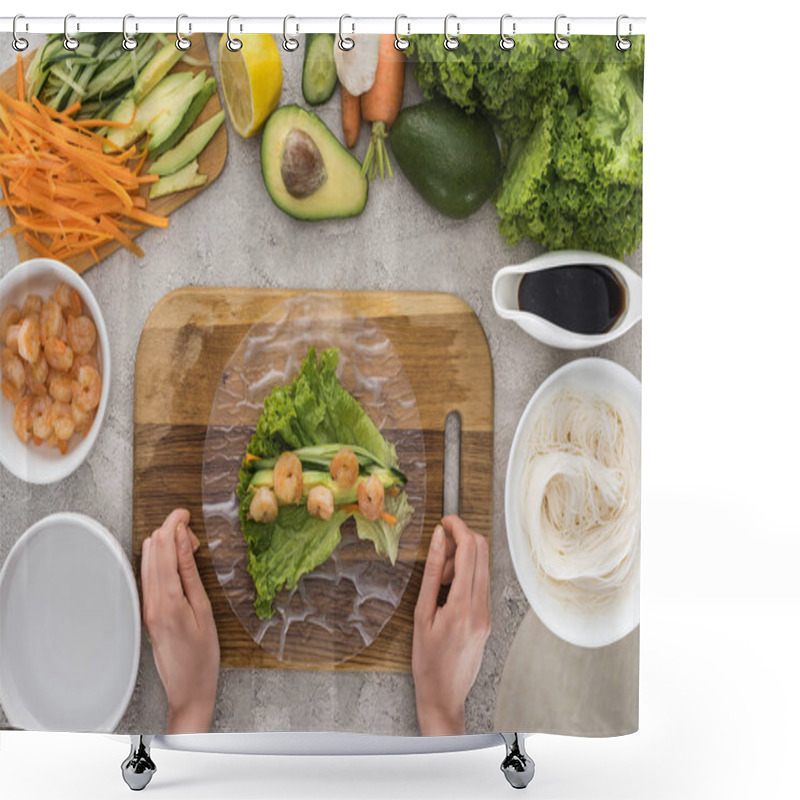 Personality  Top View Of Woman Making Roll On Cutting Board With Lettuce, Shrimps And Avocado  Shower Curtains