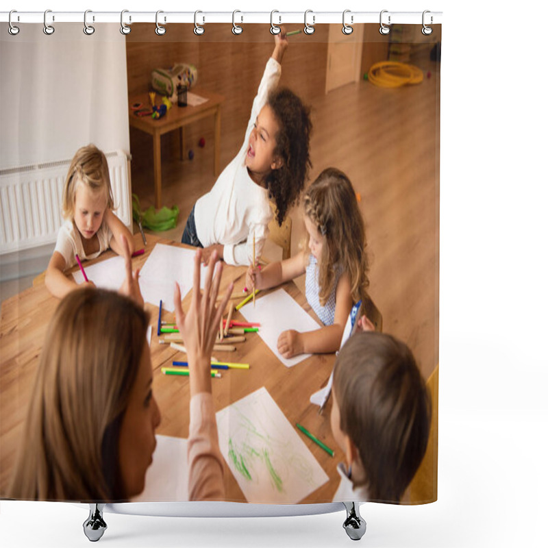 Personality  Educator Teaching Kids Counting And Showing Number With Fingers In Kindergarten, Happy African American Kid Showing Yes Gesture Shower Curtains