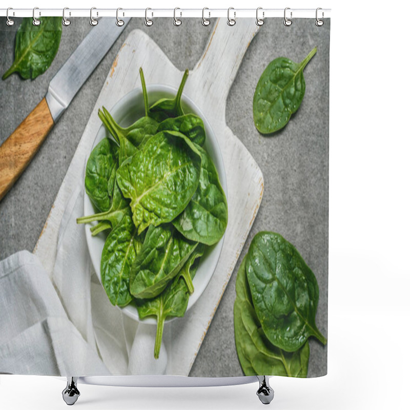 Personality  Top View Of Green Spinach Leaves In Bowl On White Cutting Board  Shower Curtains