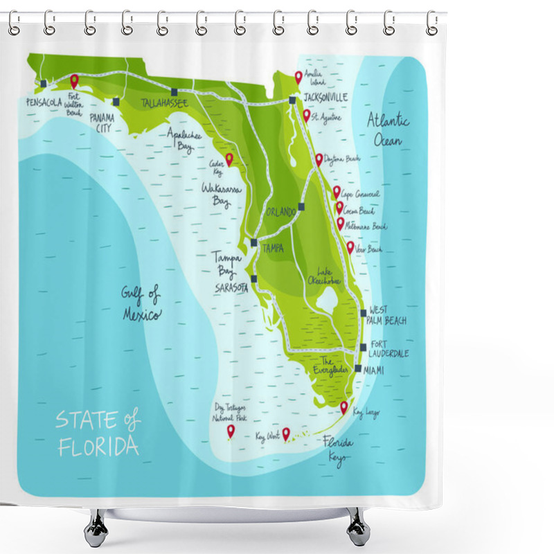 Personality  Hand Drawn Map Of The State Of Florida With Main Cities And Points Of Interest. Colorful Flat Style Shower Curtains