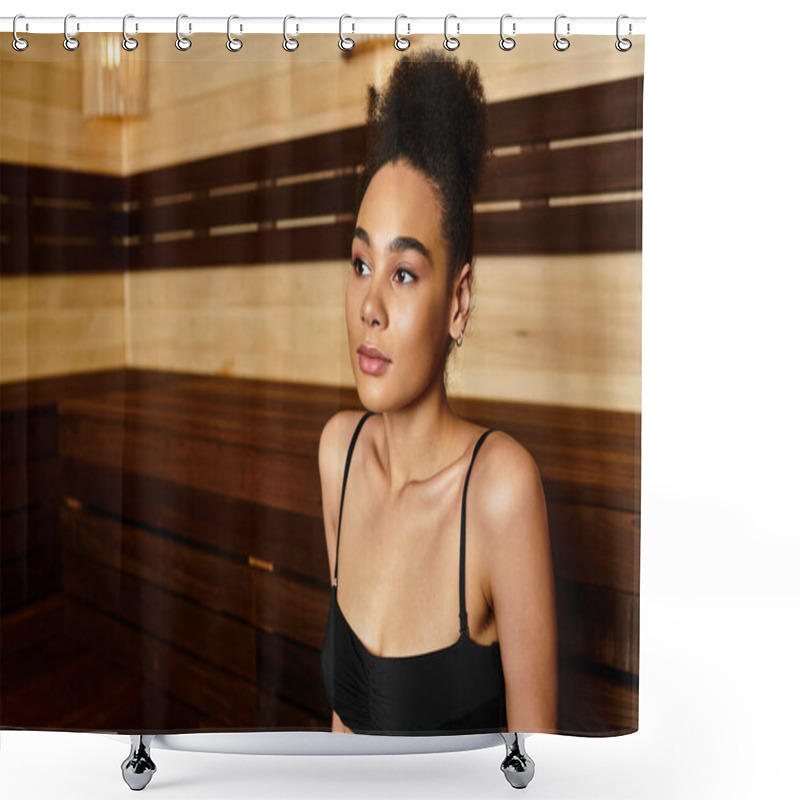 Personality  A Young Chic Woman Relaxes In A Spa, Radiating Beauty And Tranquility. Shower Curtains