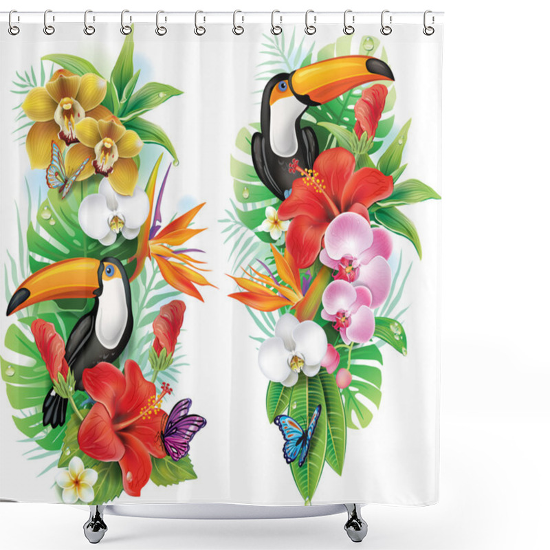 Personality  Tropical Flowers, Toucan And A Butterflies Shower Curtains