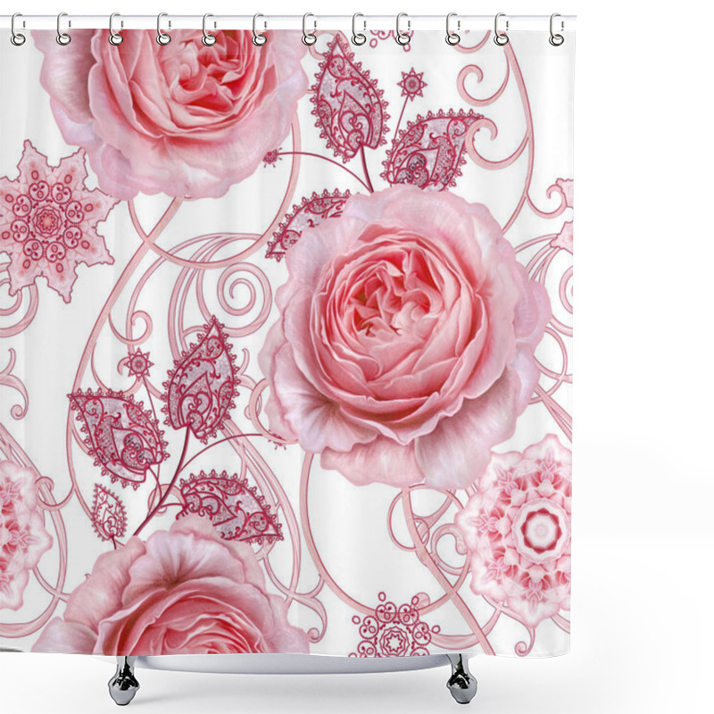 Personality  Seamless Pattern. Decorative Decoration, Paisley Element, Delicate Textured Leaves Made Of Fine Lace And Pearls. Jeweled Shiny Curls, Bud Pastel Pink Rose. Openwork Weaving Delicate. Shower Curtains