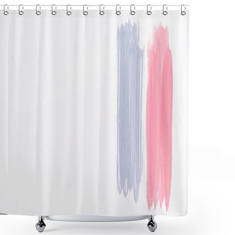 Personality  Top View Of Abstract Pink And Blue Paint Brushstrokes On White Background, Panoramic Shot Shower Curtains