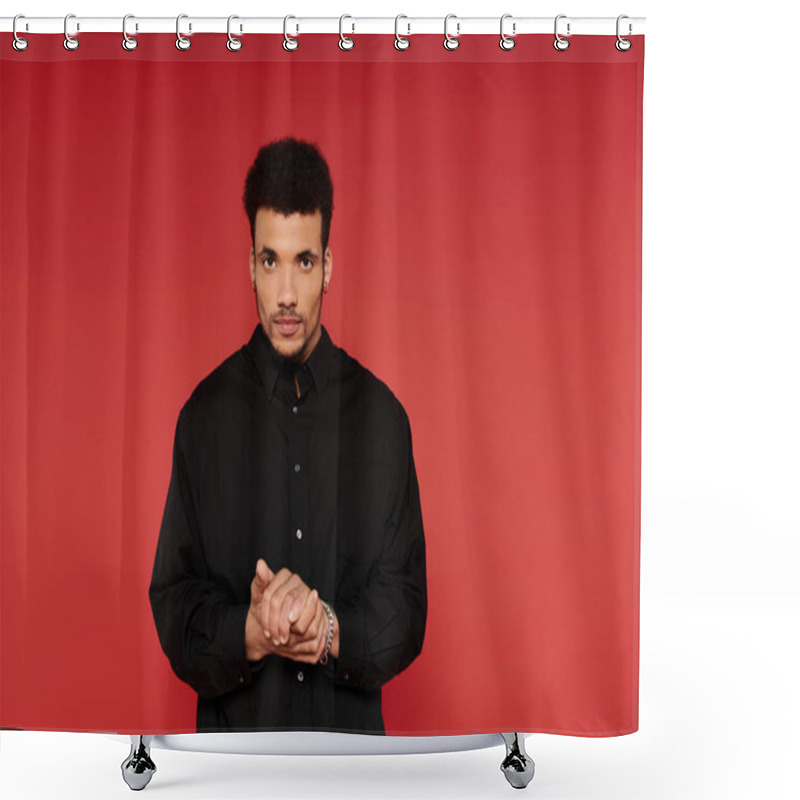 Personality  A Young Handsome Man Stands With Hands Clasped, Wearing A Black Shirt, In Front Of A Red Backdrop. Shower Curtains