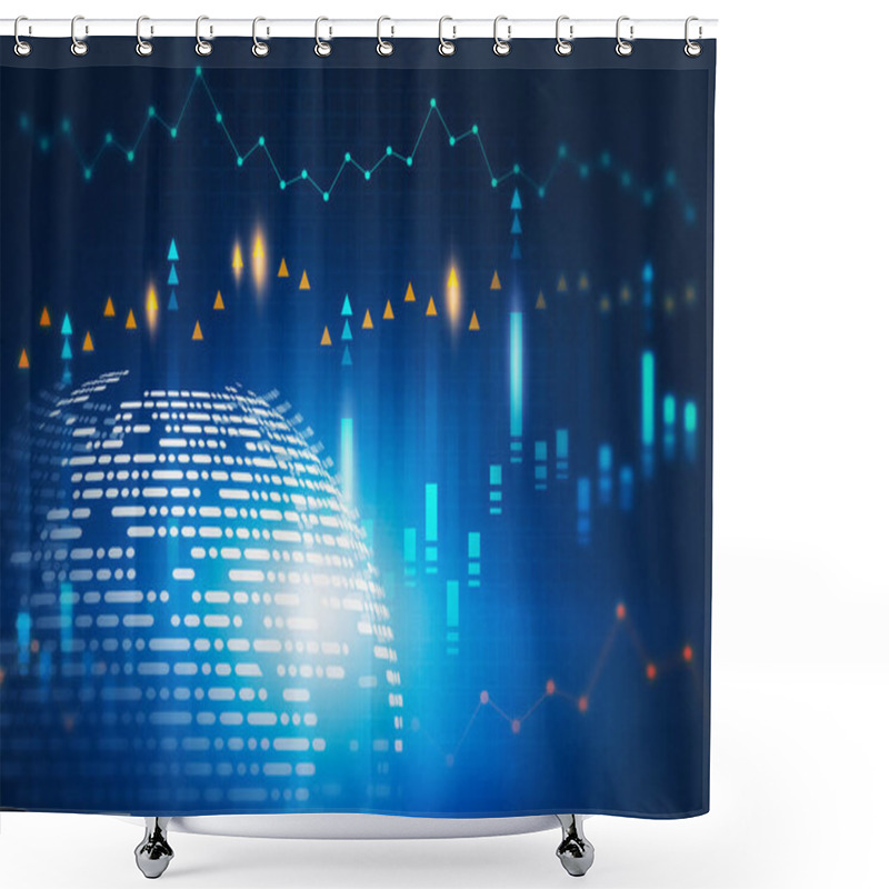 Personality  Futuristic Digital Graph Interface Over Blurry Dark Blue Background With Planet Hologram. Concept Of Technology And Investment. 3d Rendering Toned Image Double Exposure Shower Curtains