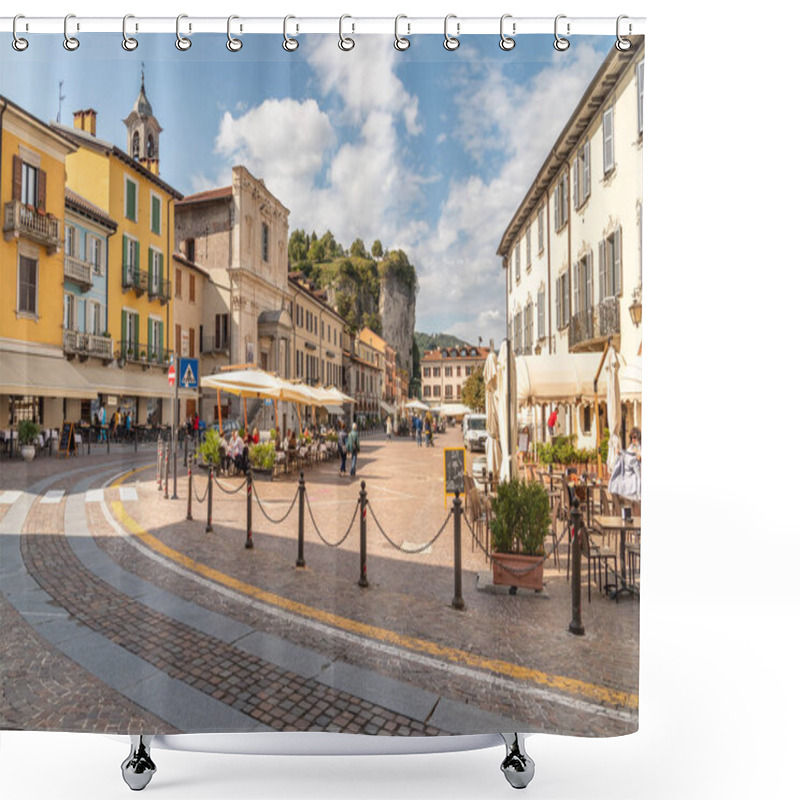 Personality  Arona, Piedmont, Italy - September 25, 2019: View Of Central Square - Piazza Del Popolo With Traditional Bars, Restaurants And Shops In Center Of Arona, Located On The Shore Of Lake Maggiore In Piedmont, Italy Shower Curtains