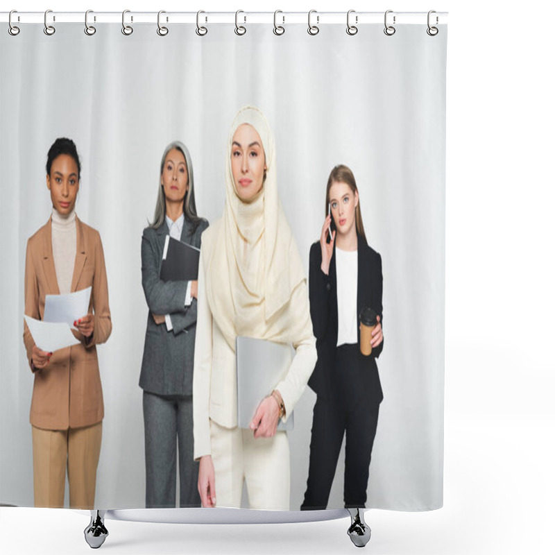 Personality  Attractive Multicultural Businesswomen Near Arabian Woman With Laptop Isolated On White  Shower Curtains