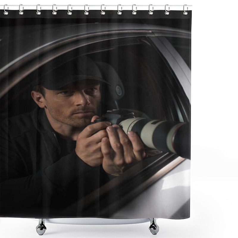 Personality  Male Paparazzi In Cap Doing Surveillance By Camera With Object Glass From His Car  Shower Curtains