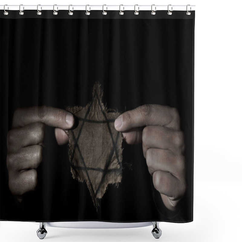 Personality  Closeup Of A Ragged Jewish Badge In The Hands Of A Man, With A Dramatic Effect Shower Curtains