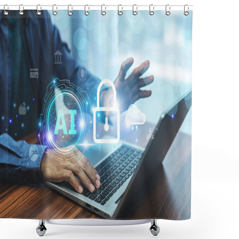 Personality  Businessman Using AI Technology For Cybersecurity Enhances Threat Detection And Response Capabilities, Safeguarding Digital Environments From Evolving Risks. Shower Curtains