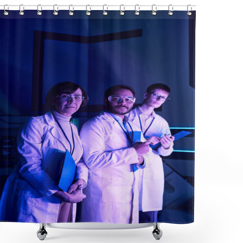 Personality  Futuristic Focus: Three Scientists Engage In Headshot Stance, Gazing Forward In Science Center. Shower Curtains