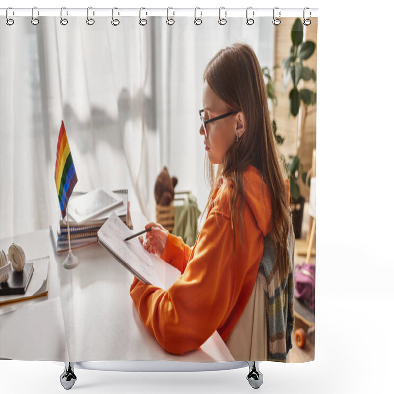 Personality  Pensive Teenage Girl In Glasses Drawing A Sketch, Immersed In Creative Process Near Pride Flag Shower Curtains