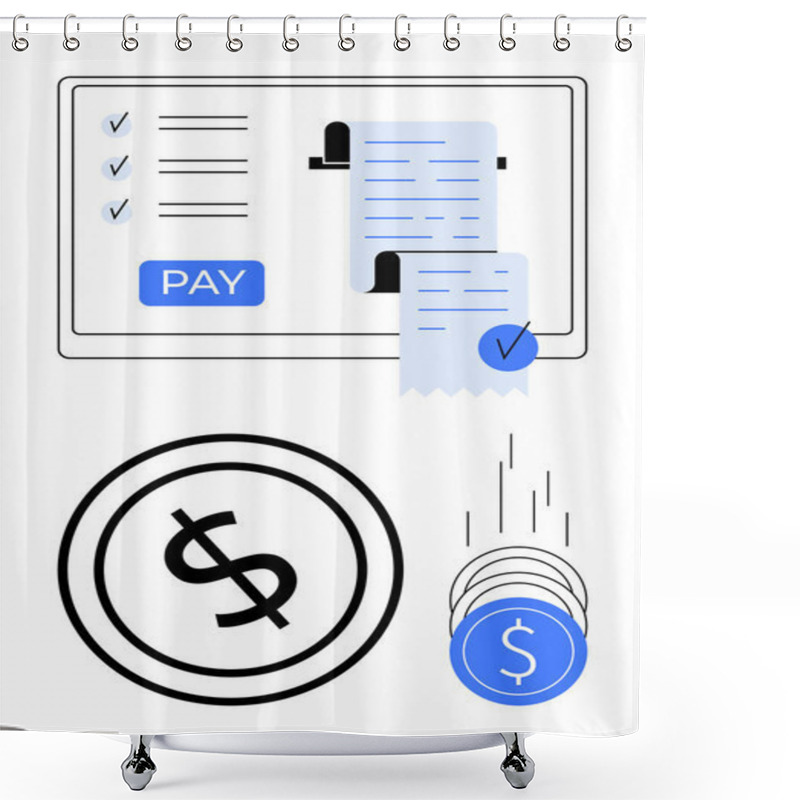 Personality  Digital Payment Screen Showing An Invoice With Checkmarks, A PAY Button, And Falling Dollar Coins. Ideal For E-commerce, Financial Transactions, Online Billing, Digital Wallets, Banking Apps, Fintech Shower Curtains