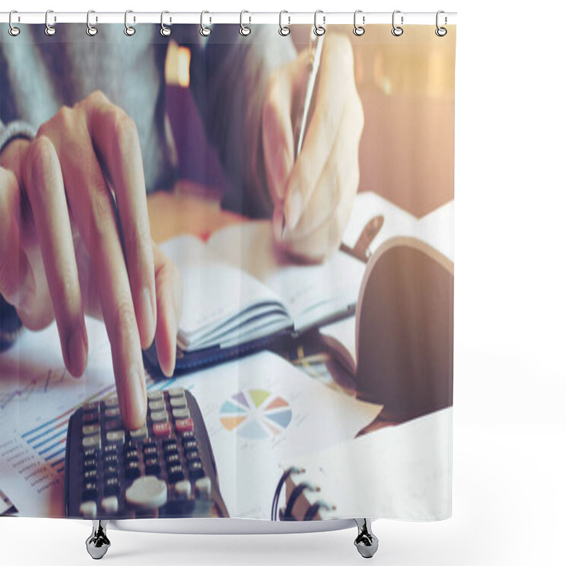 Personality  Close Up Hand Man Doing Finance And Calculate On Desk About Cost At Home Office. Shower Curtains