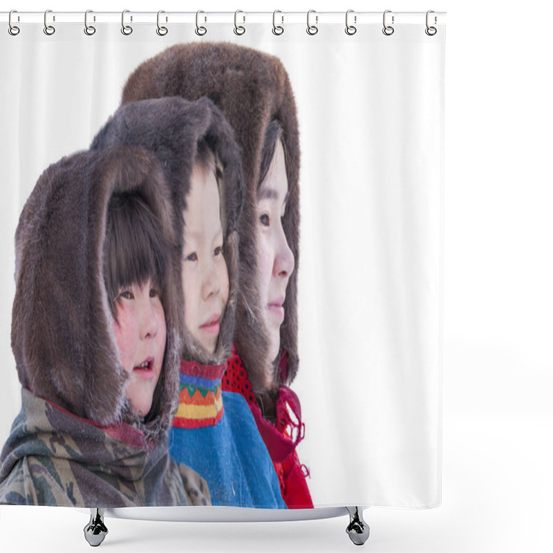 Personality  Family, Child's Photo Of A Nenets Family In Winter National Clothes, Portrait Photo In Profile Shower Curtains