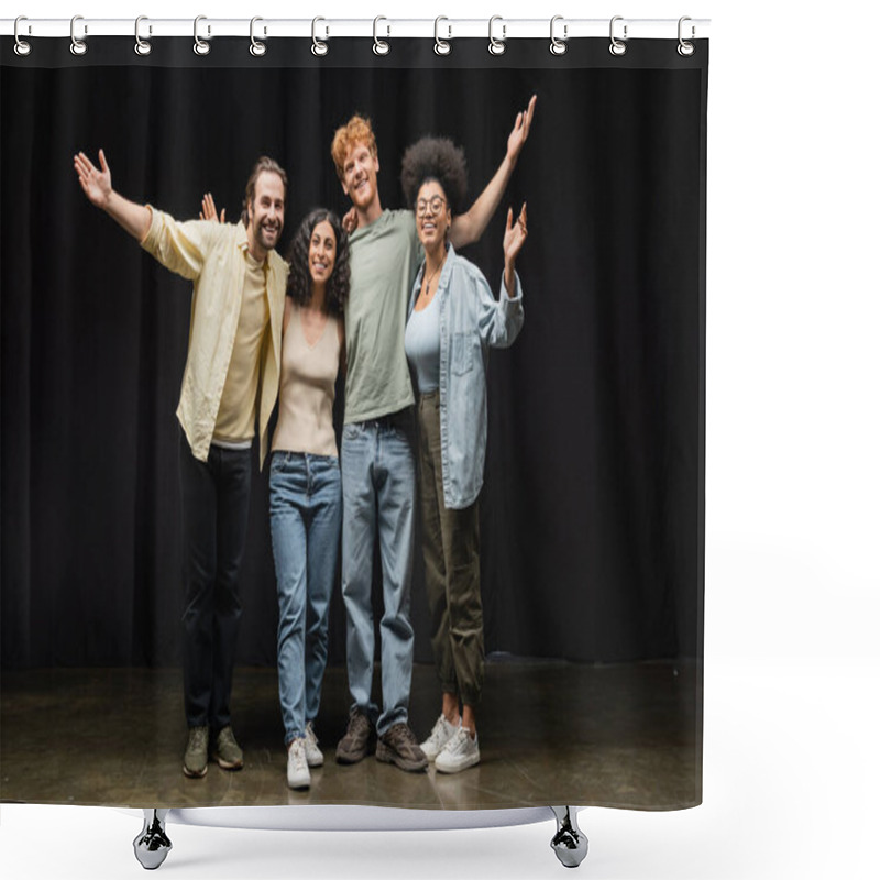 Personality  Full Length Of Cheerful Interracial Actors Embracing While Waving Hands And Smiling At Camera In Theater Shower Curtains