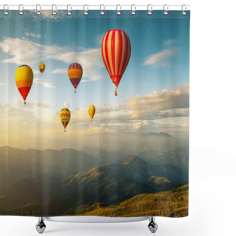 Personality  Colorful Hot Air Balloons Flying Over Mountain At Sunset. Adventure In Summer Vacation. Shower Curtains