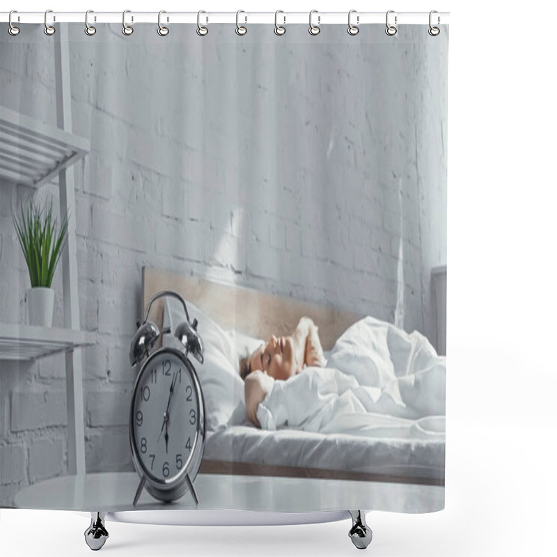 Personality  Retro Alarm Clock Near Sleepy Woman Lying On Bed In Morning  Shower Curtains