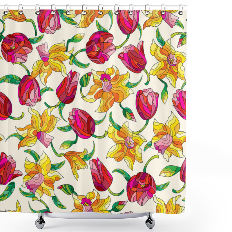 Personality  Seamless Background With Spring Flowers In Stained Glass Style, Flowers, Buds And Leaves Of Daffodils And Tulips On A Light Background Shower Curtains