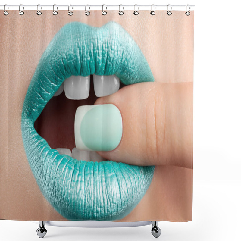 Personality  Lips Close-up And Manicure. Shower Curtains