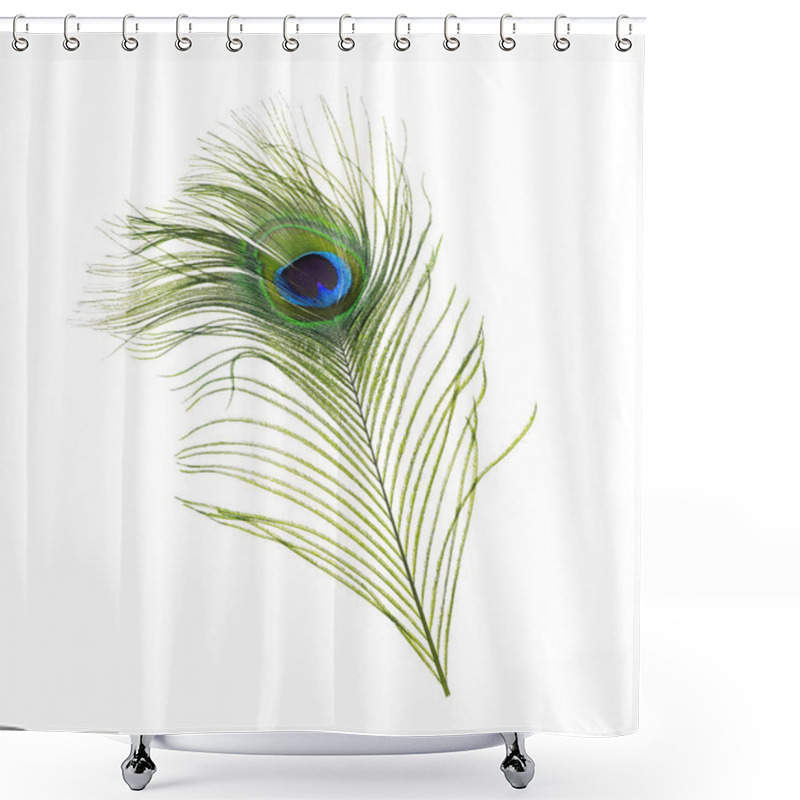 Personality  Beautiful Bright Peacock Feather On White Background Shower Curtains