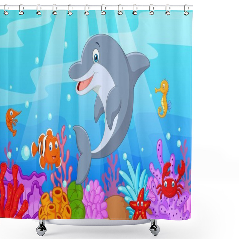 Personality  Standing Dolphin Cartoon With Collection Fish Shower Curtains